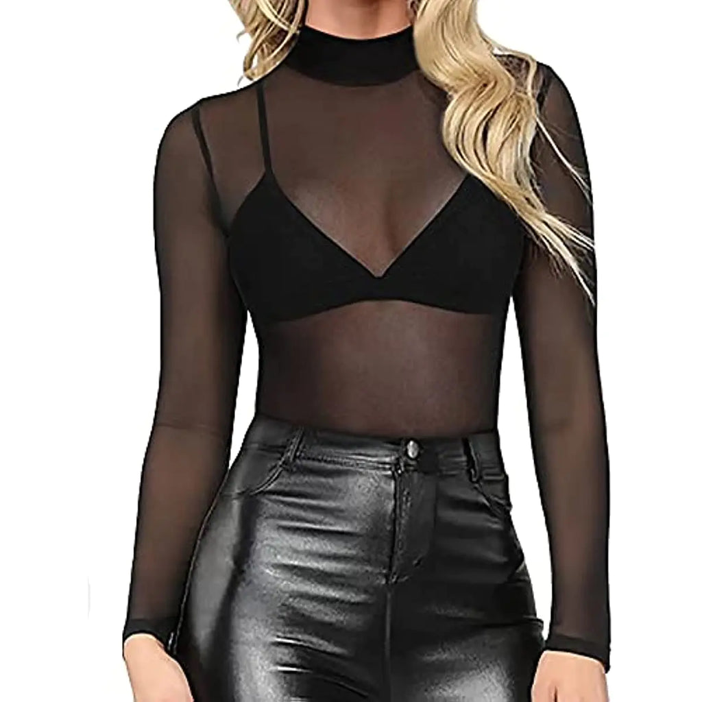 Long Sleeve Mock Neck See-Through Blouse - Black